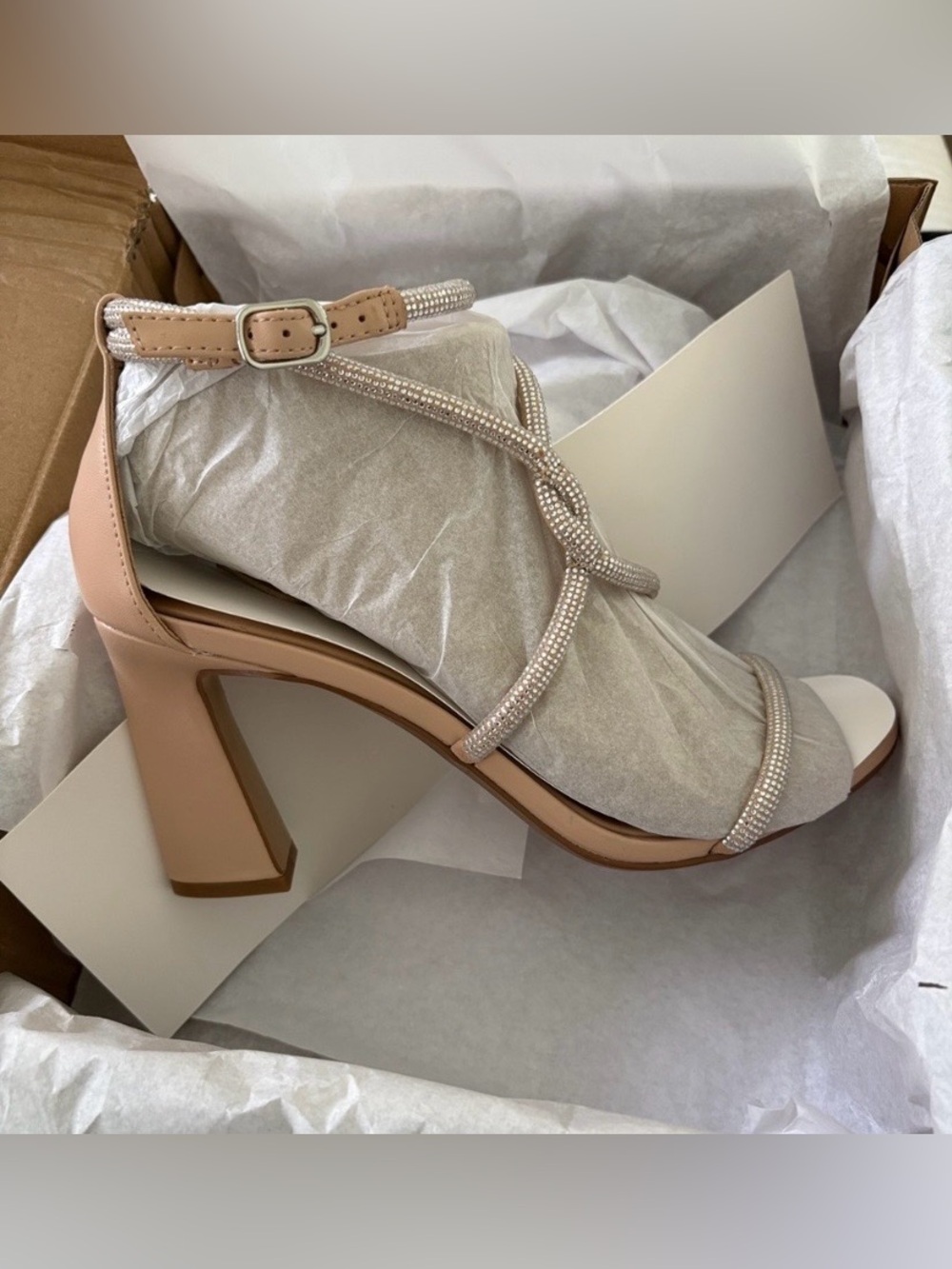 Mix No. 6 Nude Rhinestone-Strap Block 3” Heel Sandals LIKE NEW / Sz 8